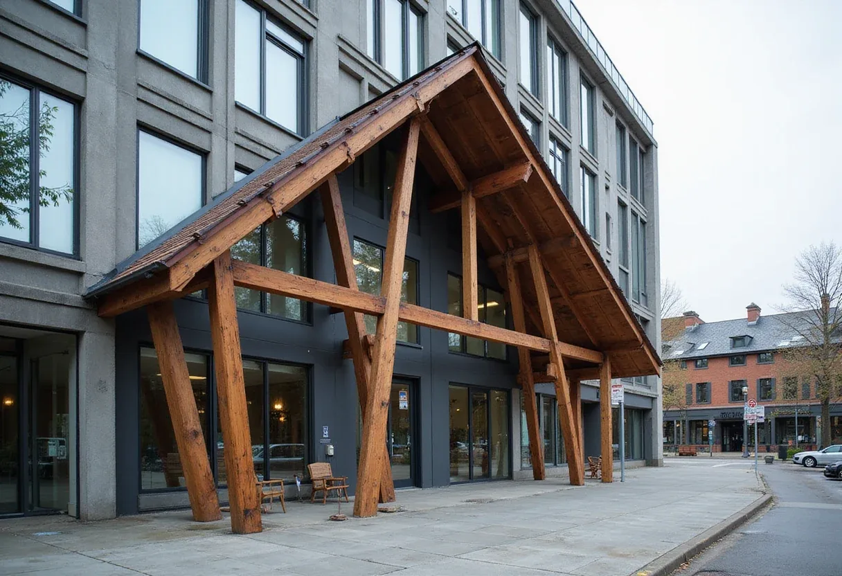 Leaning timber frame anchors shrine office in japanese mountain valley