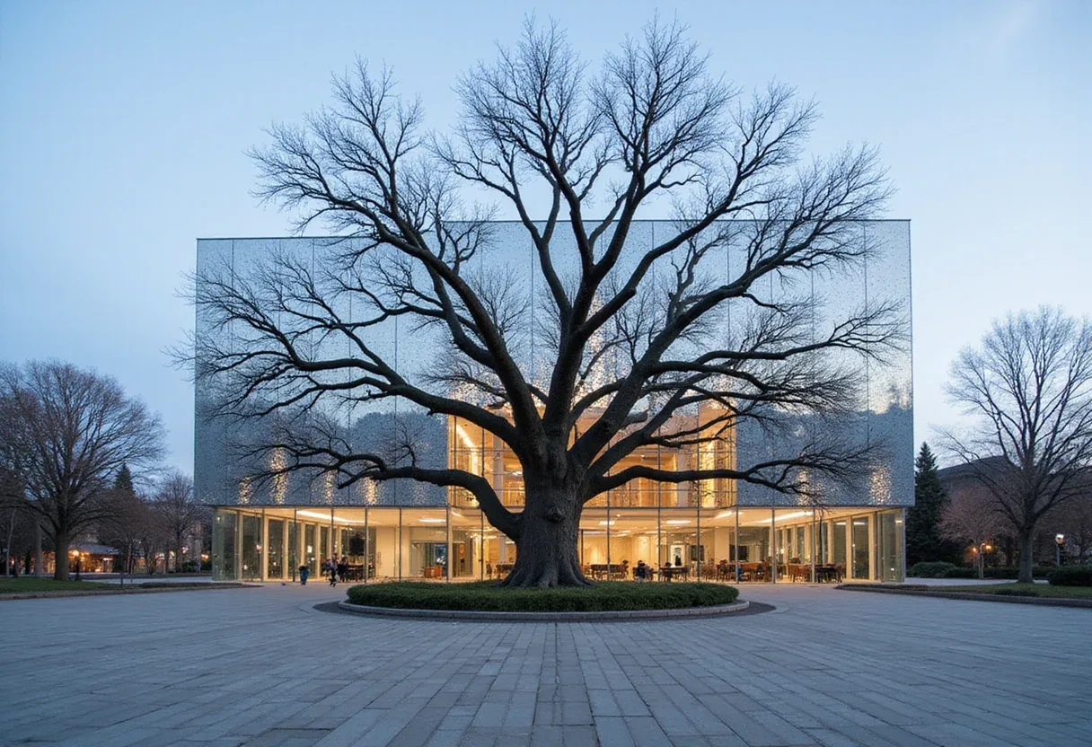 This Mirrored Steel Pavilion Multiplies One Tree Into Endless Reflections