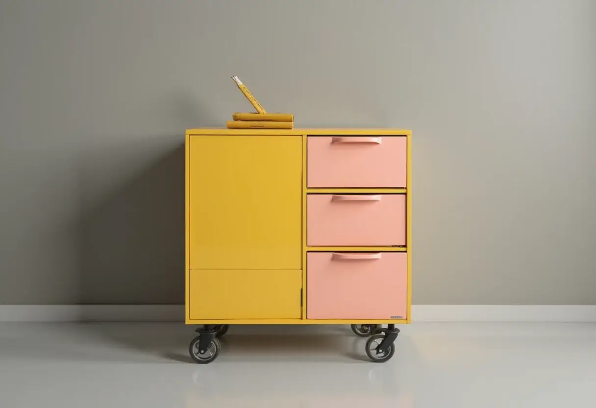 Wheeled pencil cabinet’s yellow and pink drawers draw from armenian volcanic stone heritage
