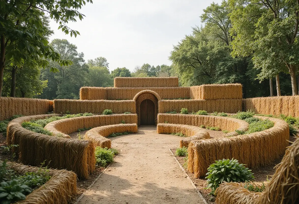 Straw walls shape amphitheater, experimental garden and walking path in rural spain
